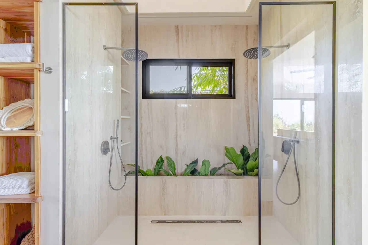 Double shower with glass doors, timber ceiling and a planted recess