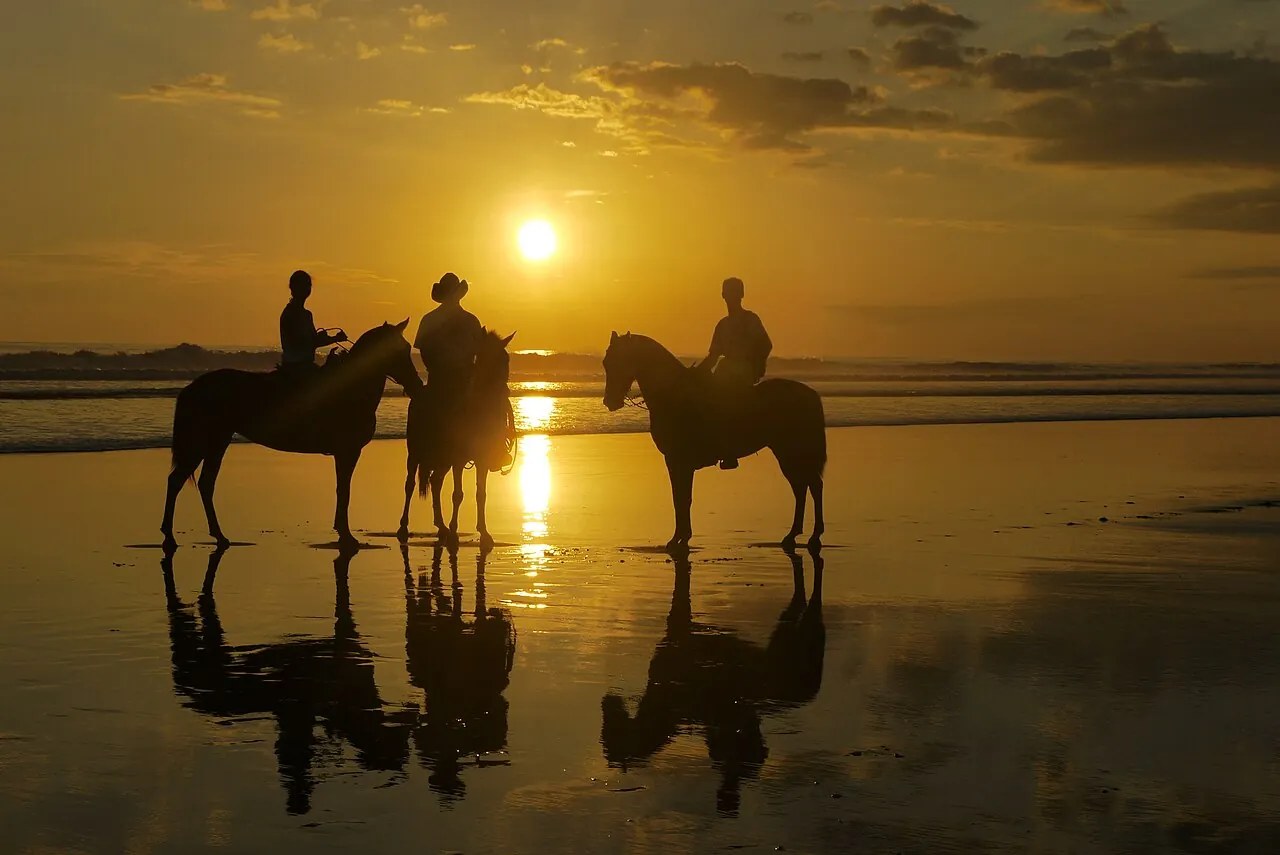 Riders on horseback silhouetted against a golden sunset at Playa Esterillos