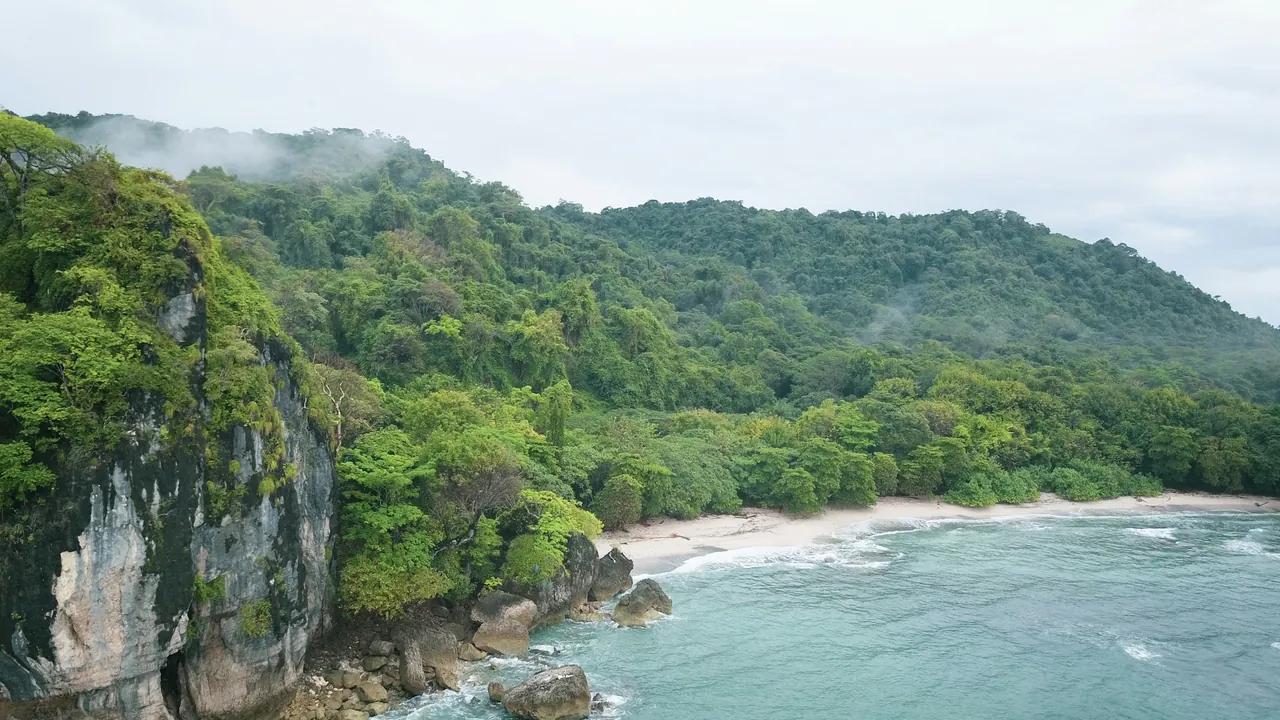 Forested cliffs and a small beach beside turquoise water at Mal Pais.