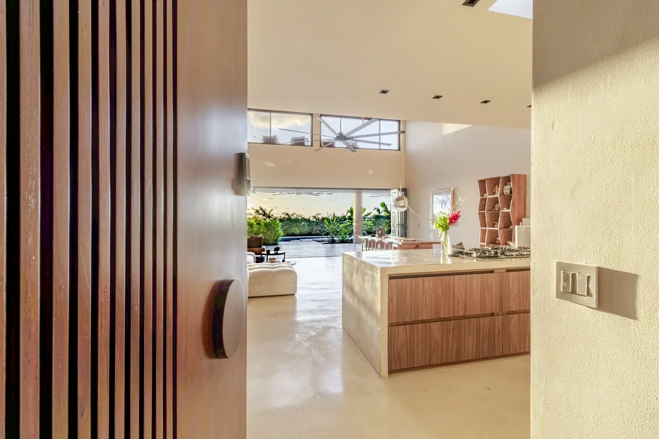 Timber entry door opening into the kitchen and living space